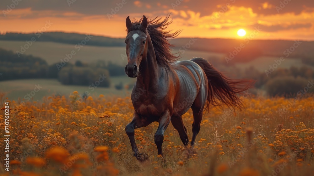 Poster a horse running through a field of wildflowers with the sun setting in the distance in the distance 