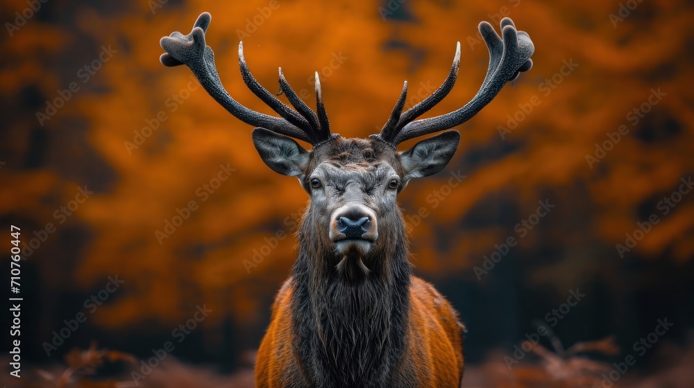 Poster a close up of a deer with antlers on it's head in front of a background of trees.