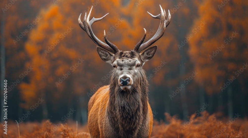 Poster a close up of a deer with antlers on it's head in a field with trees in the background.