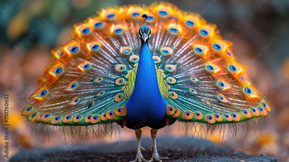 Aufkleber a close up of a peacock with it's feathers open and it's tail feathers are multicolored.