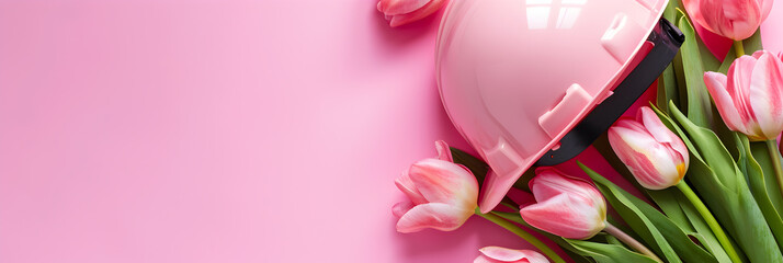 Pink construction helmet and tulips on a soft pink background. Concept for Women's Day, Valentine's Day and construction business Copy space. Banner. Mock up