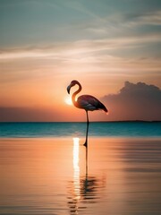 Beautiful scene of flamingo stand alone in the sea against at sunset background. Animal illustration for design, artwork, template, wallpaper
