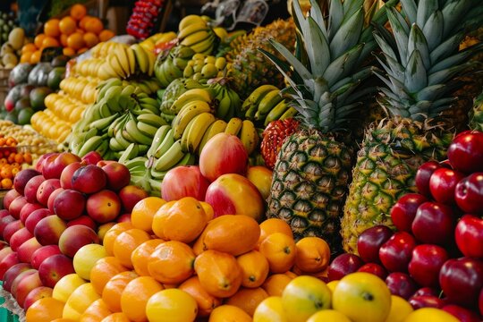 Tropical fruits create a vibrant display in a marketplace, evoking the essence of exotic locales.