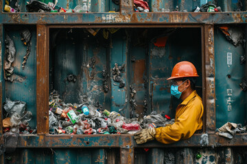 A recycling worker collecting and sorting waste materials.