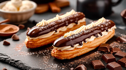 Chocolate covered eclairs on the table. Selective focus.