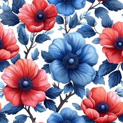 Red and Blue Anemones Botanical Seamless Textile Pattern