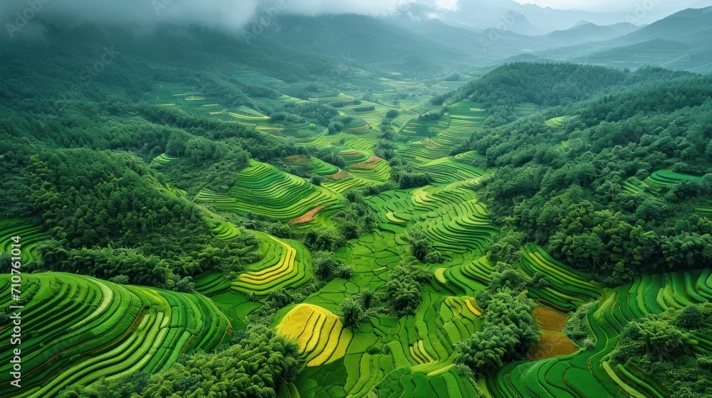 Poster an aerial view of a green valley with mountains in the background and trees in the foreground in the