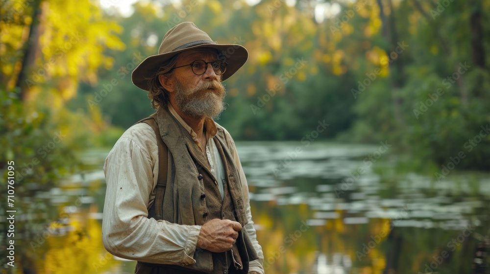 Poster a man with a beard and a hat standing in front of a body of water with trees in the background.