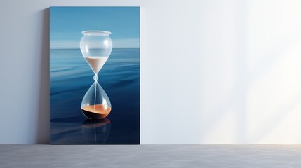  a painting of an hourglass with a liquid inside of it on a white wall next to a white wall.