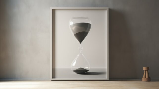  a picture of an hourglass in a frame on a table next to a vase with a plant in it.