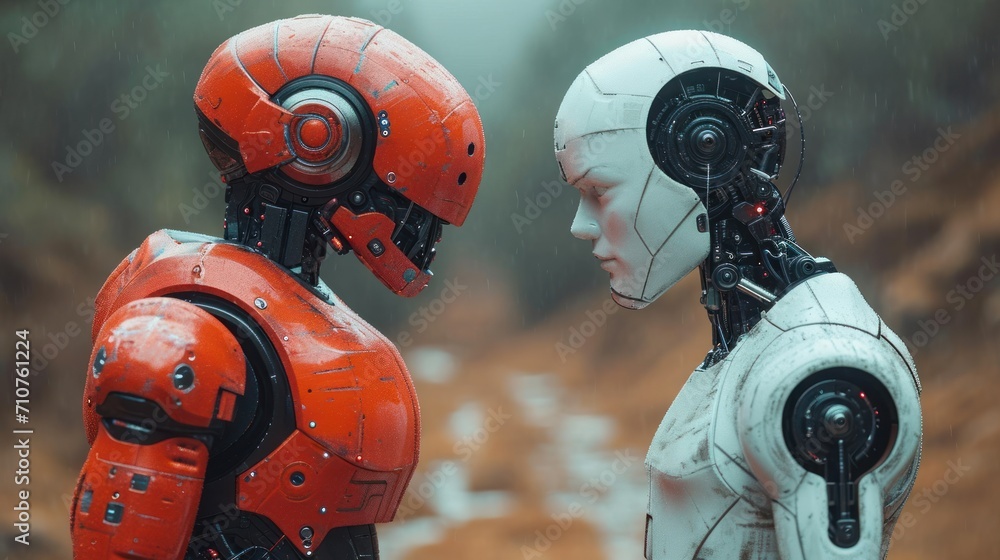 Poster a couple of robots standing next to each other in front of a dirt field with a forest in the backgro