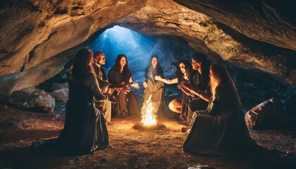 magic gathering of mages casting a powerful spell together dark ritual performed by wizards and druids in a dark cave with a fire in the middle