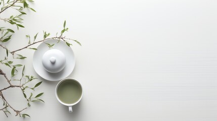  a cup of green tea next to a white teapot on a saucer and a branch of a tree. - obrazy, fototapety, plakaty