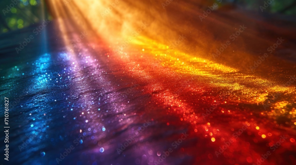 Poster a close up of a rainbow colored surface with light coming from the center of the image and a bright 