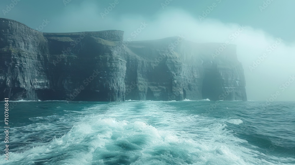 Poster a large body of water with a cliff in the background and a boat in the middle of the water in front 