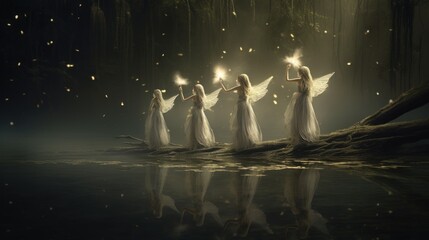  a group of angels standing on top of a tree branch in the middle of a body of water at night.