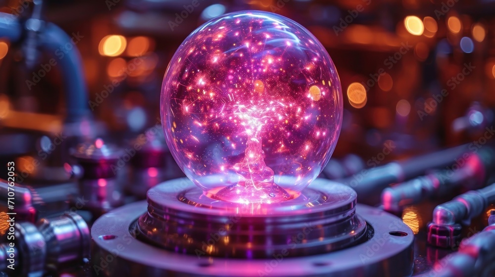 Poster a close up of a ball with a light inside of it on top of a metal object with a lot of lights in the 