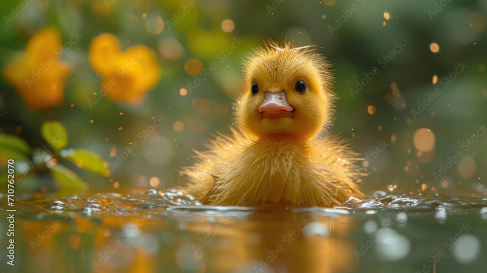 Poster a close up of a duck in a body of water with drops of water on the ground and trees in the backgroun