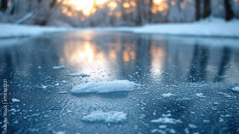 Poster a close up of a frozen lake with trees in the background and snow on the ground and water droplets o