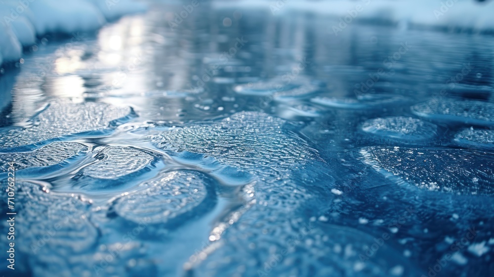 Poster a close up view of a water surface with drops of water on the surface and a building in the backgrou