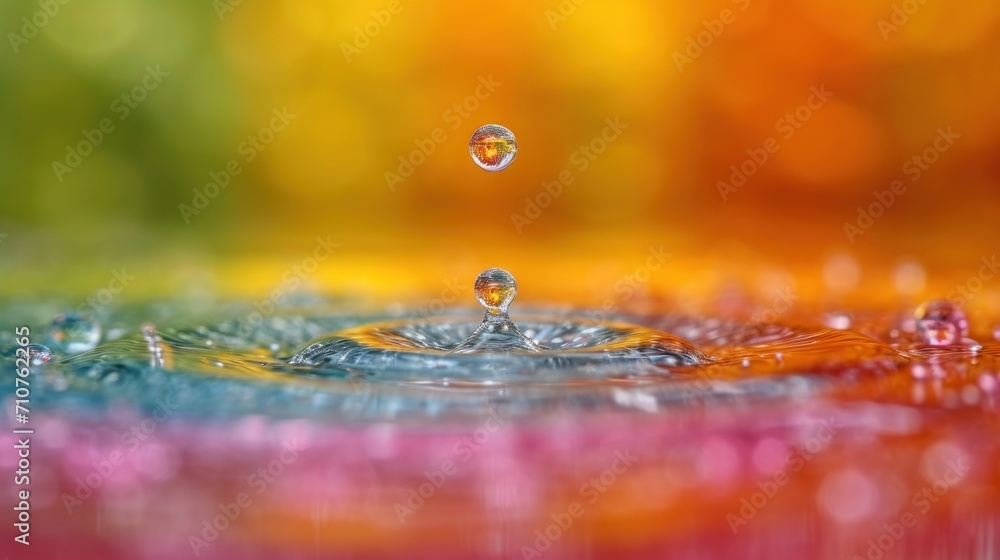 Poster a close up of a drop of water on a surface with multicolored blurry trees in the background.