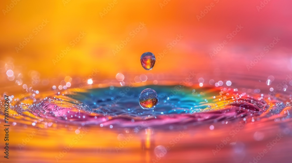 Poster a drop of water that is falling into a pool of water with a multicolored sky in the background.