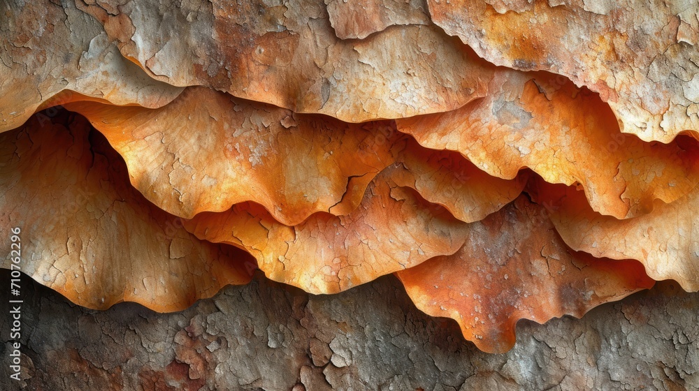 Poster a close up of a tree trunk with orange and brown paint on it's bark and the top part of the tree tru