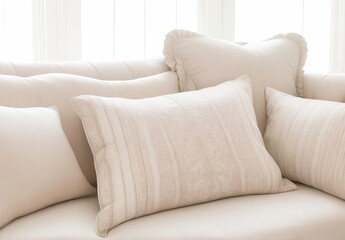 Close up of fabric sofa with white and terra cotta pillows.