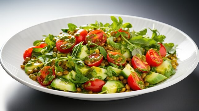  a white bowl filled with a salad of cucumbers, tomatoes, and green leafy lettuce.