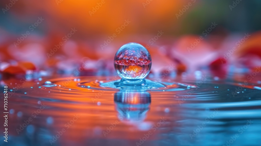 Poster a close up of a drop of water with a red substance in the middle of the drop and a green substance i