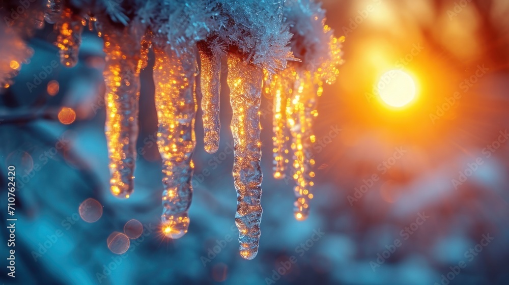 Poster icicles hanging from a tree with the sun shining through the trees in the background and a blurry le