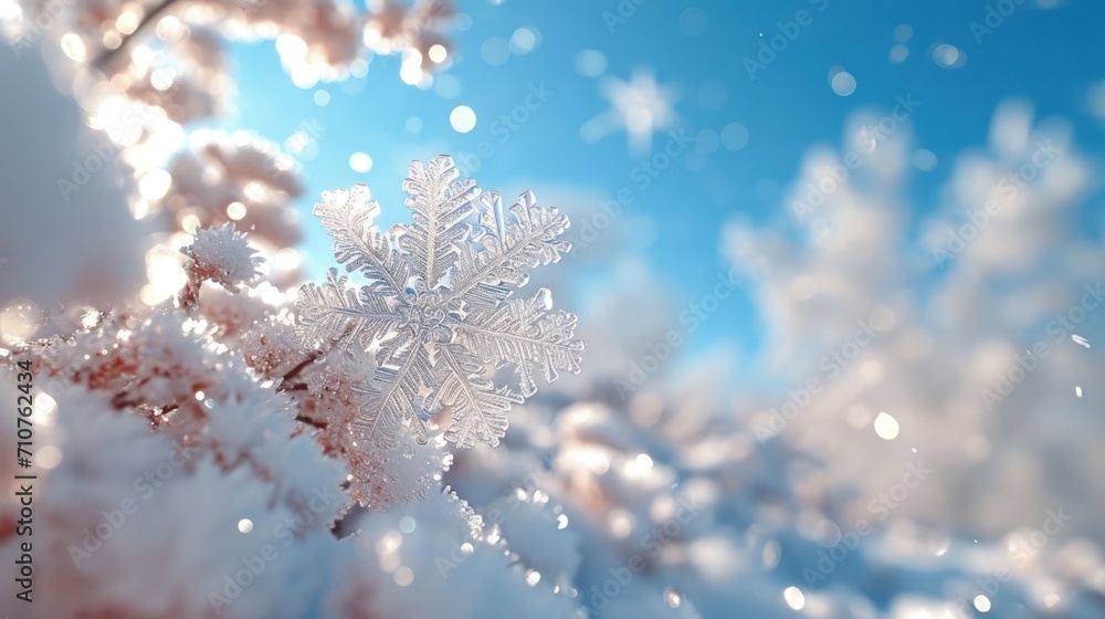 Poster a snowflake is shown in the foreground with a blue sky in the background and snow flakes in the fore