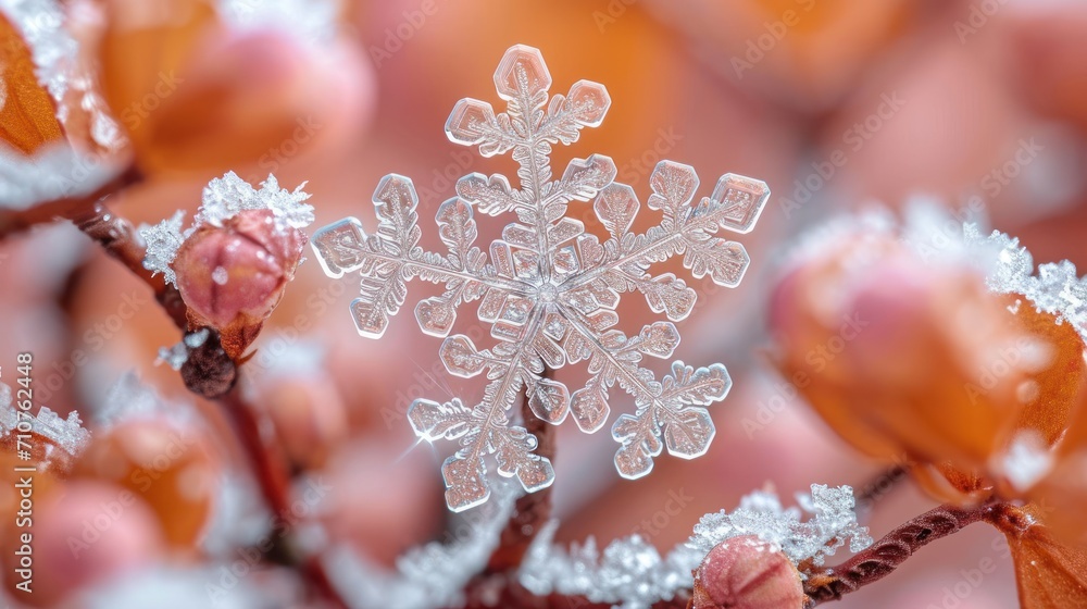 Poster a close up of a snowflake on a tree branch with snow flakes on the top of it.