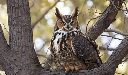 Obraz premium great horned owl in tree high quality photo 