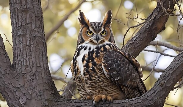 great horned owl in tree high quality photo 