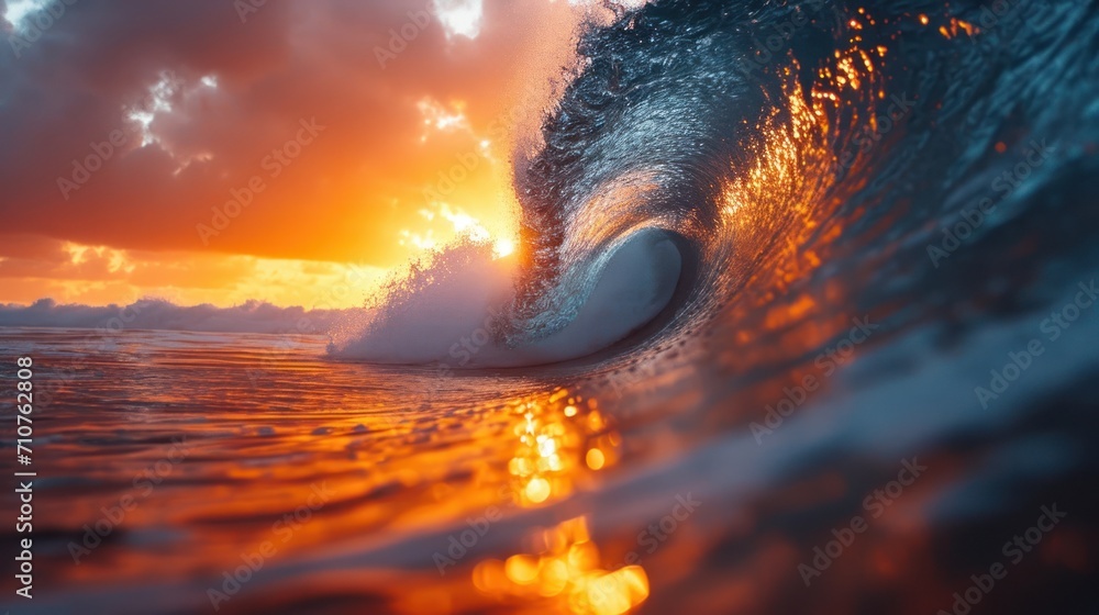 Poster a close up of a wave in the ocean with the sun in the background and clouds in the foreground.