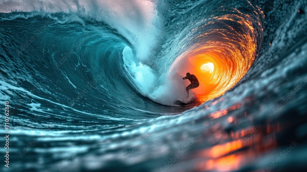 Canvas Prints  a man riding a wave on top of a surfboard in the middle of a large orange light in the middle of the ocean.