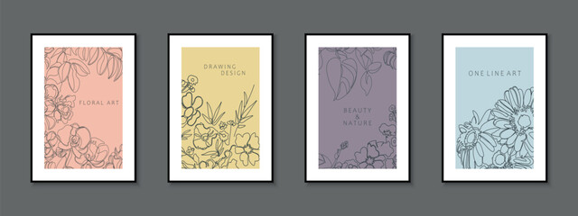 Naklejka premium Collection of delicate floral covers, templates, placards, brochures, banners, flyers and etc. Colorful outline backgrounds, postcards, posters, invitation. Elegant cards with drawing flowers