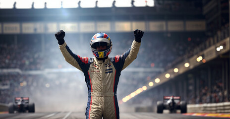 In white motorsport gear, the race car driver celebrates win triumph after winning the high-speed race. Concept of thrill of car racing