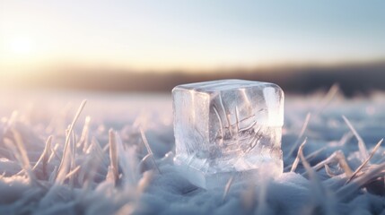  an ice cube sitting in the middle of a field covered in ice and grass with the sun in the background. - obrazy, fototapety, plakaty