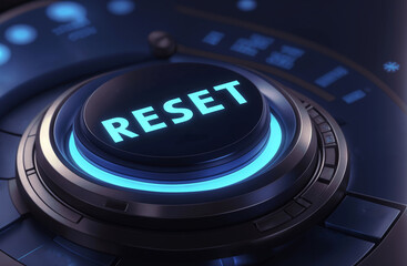 Blue glowing initiation start button with the text word RESET  in a 3d render illustration