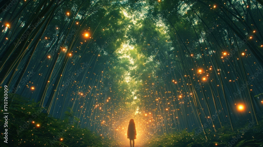 Poster a person standing in the middle of a forest with a lot of lights on the trees in front of them.