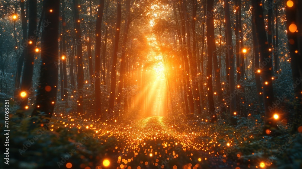 Poster a forest filled with lots of trees and lots of lights shining in the middle of the forest with lots 