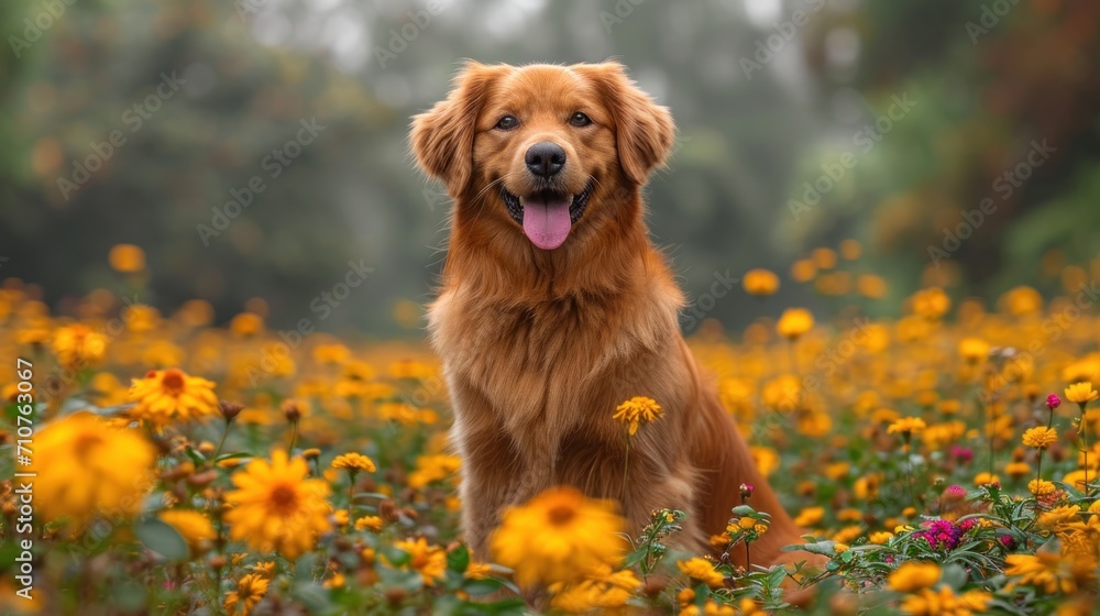 Canvas Prints  a golden retriever sitting in a field of yellow flowers with its tongue out and his tongue hanging out to the side.