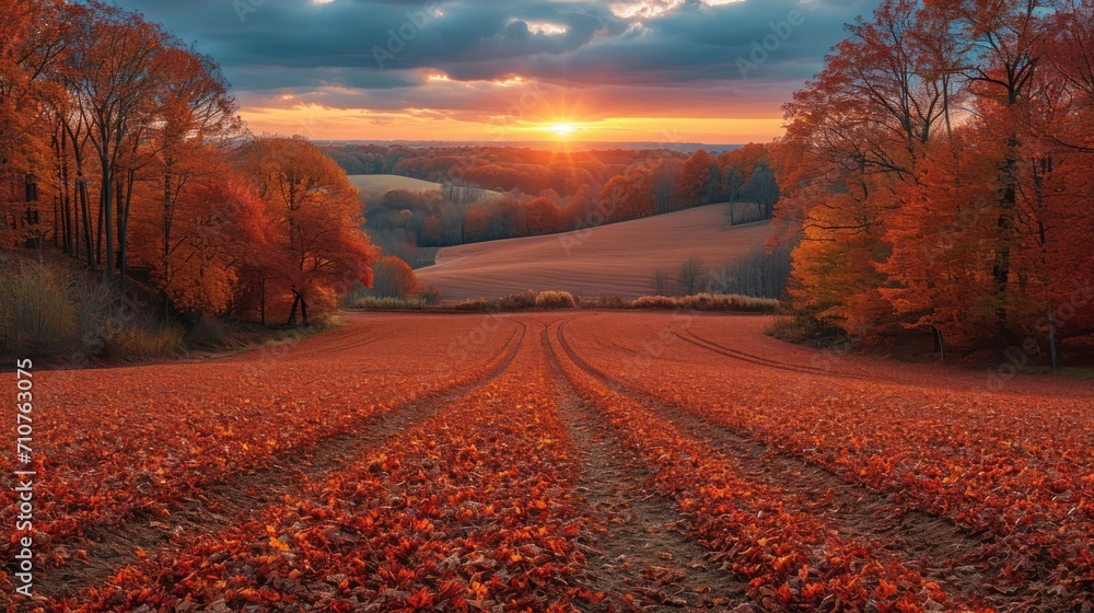 Poster the sun is setting over a field with trees in the foreground and a field of leaves in the foreground