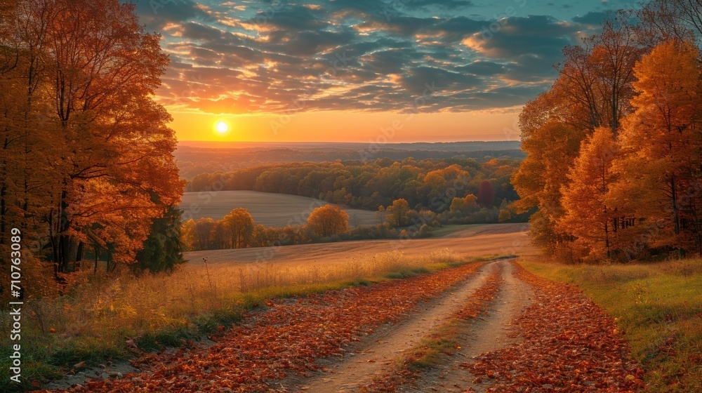 Poster a dirt road in the middle of a field with trees on both sides of it and a sunset in the background.