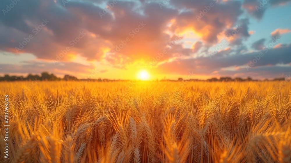 Poster a field of wheat with the sun setting in the background and clouds in the sky over the top of it.