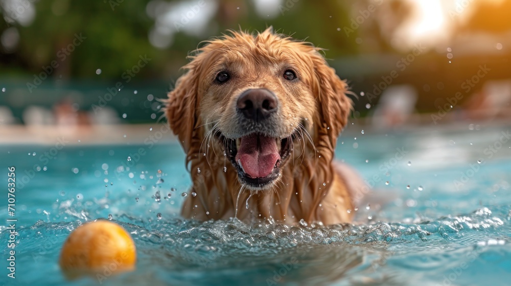 Poster a close up of a dog in a pool of water with a ball in the foreground and trees in the background.