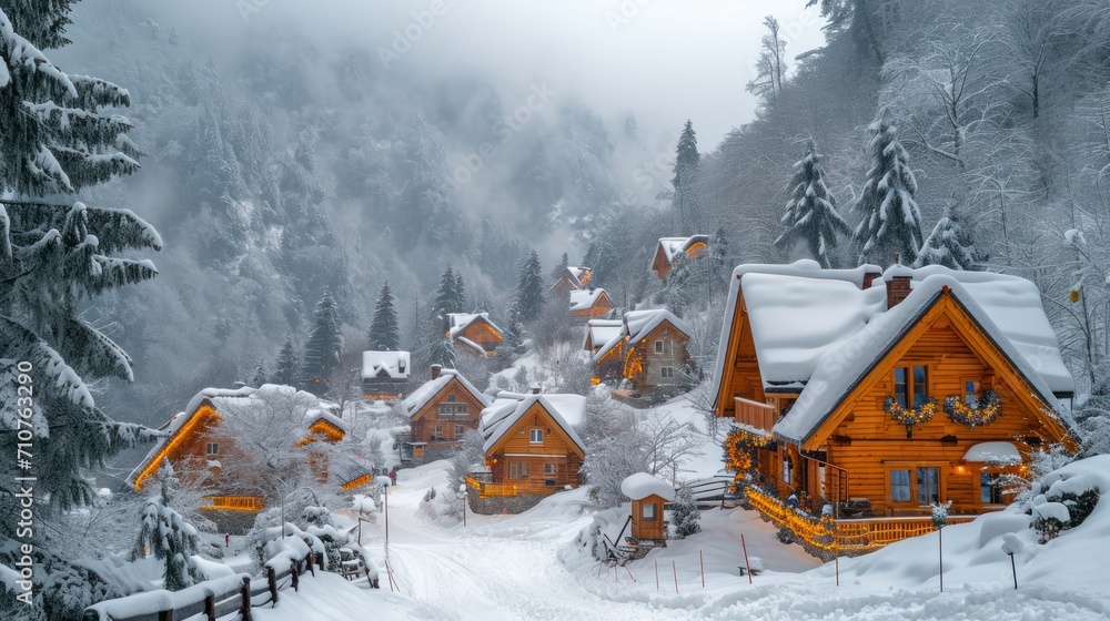 Poster a group of houses in the middle of a forest covered in snow and surrounded by pine trees and covered