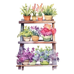 Pflanzenregal Aquarell Blumenarrangement Illustration Zimmerpflanzen Kunstwerk Grün Dekoration Wandbild Zuhause Atmosphäre